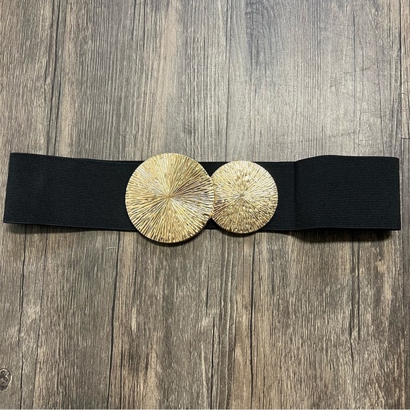 NEW Elastic Wide Corset Safe Waist Belt Gold Metallic Snap Buckle Black Cinched - Picture 8 of 9